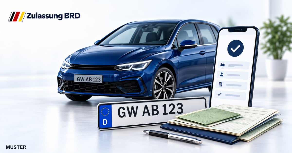 Online Fahrzeugzulassung in Wolgast: Musterkennzeichen GW AB 123, Auto und Fahrzeugpapiere und Smartphone. Illustration mit Logo von Zulassung BRD.